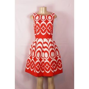 JUST TAYLOR ORANGE/WHITE PRINT FIT& FLARE DRESS 10